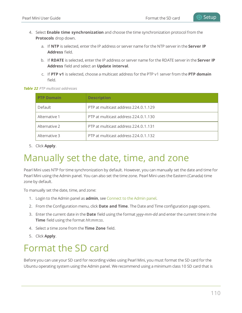 Format the sd card, Manually set the date, time, and zone | Epiphan Pearl Mini Live Video Production System User Manual | Page 121 / 438