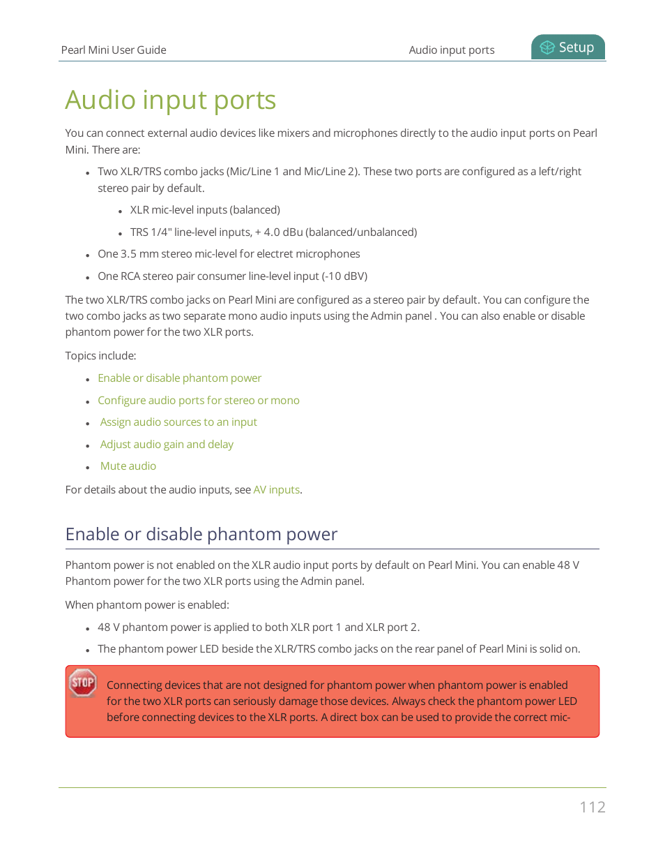 Audio input ports, Enable or disable phantom power, Enable or | Disable phantom power | Epiphan Pearl Mini Live Video Production System User Manual | Page 123 / 438