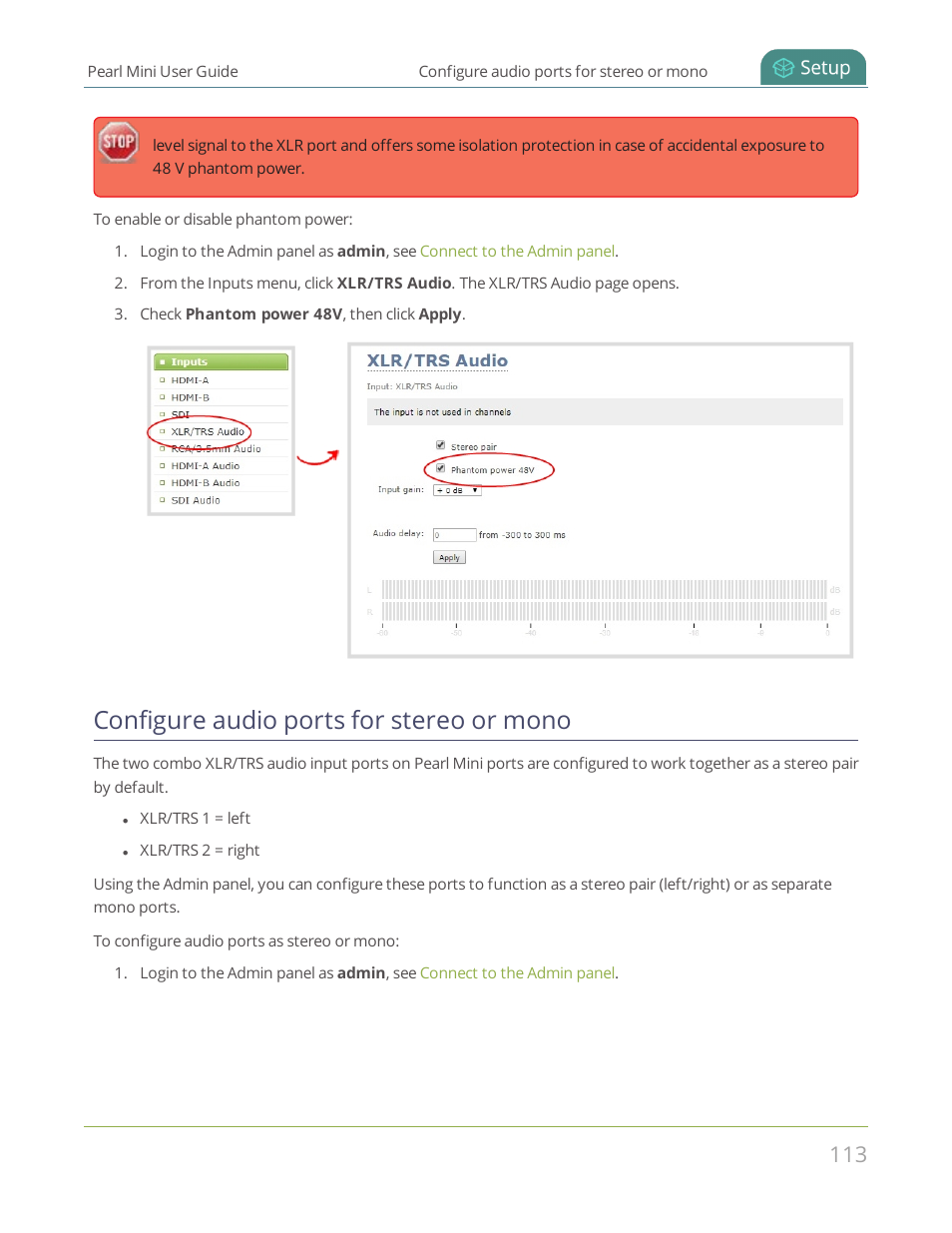 Configure audio ports for stereo or mono, Configure audio ports, For stereo or mono | Configure audio ports for stereo, Or mono | Epiphan Pearl Mini Live Video Production System User Manual | Page 124 / 438