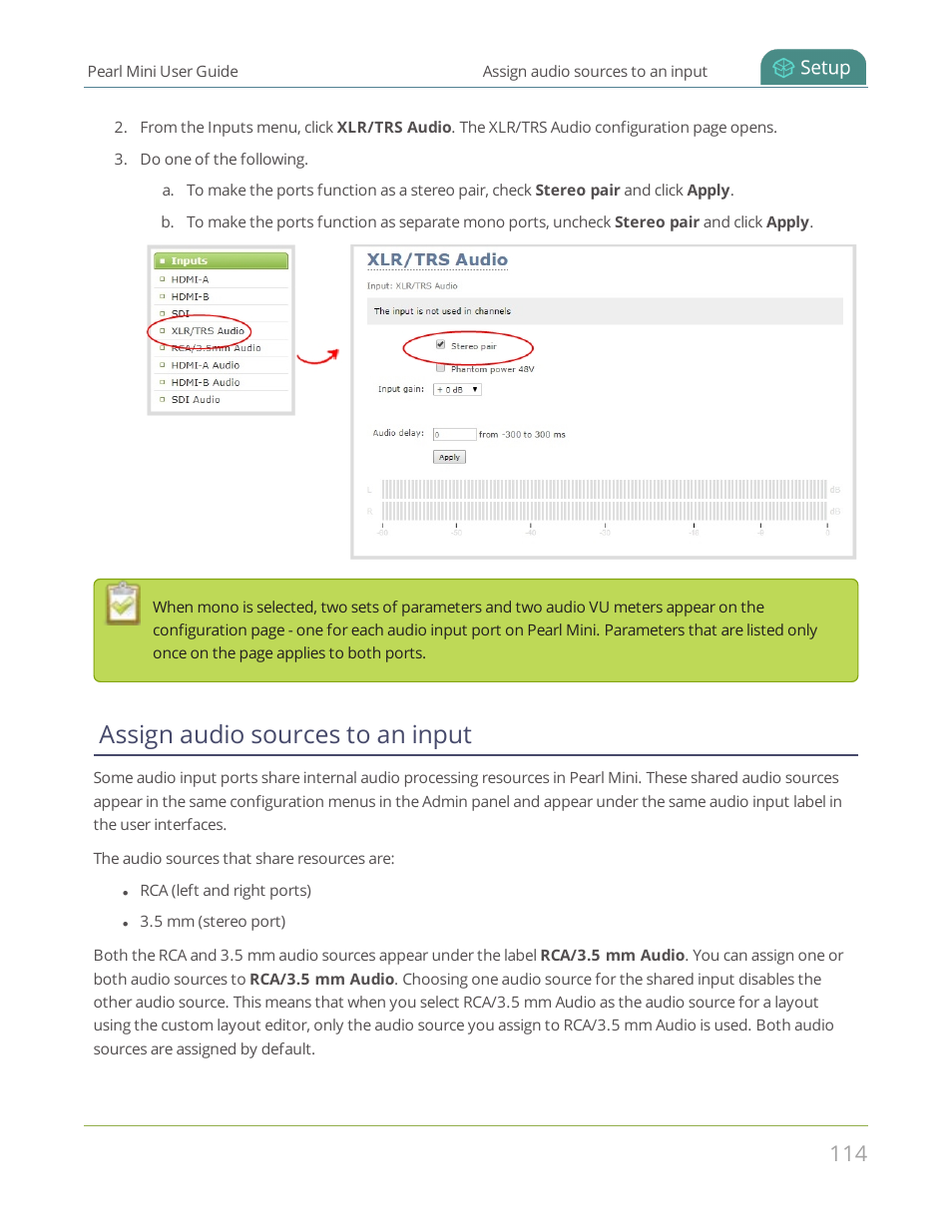 Assign audio sources to an input, Assign audio sources to | Epiphan Pearl Mini Live Video Production System User Manual | Page 125 / 438
