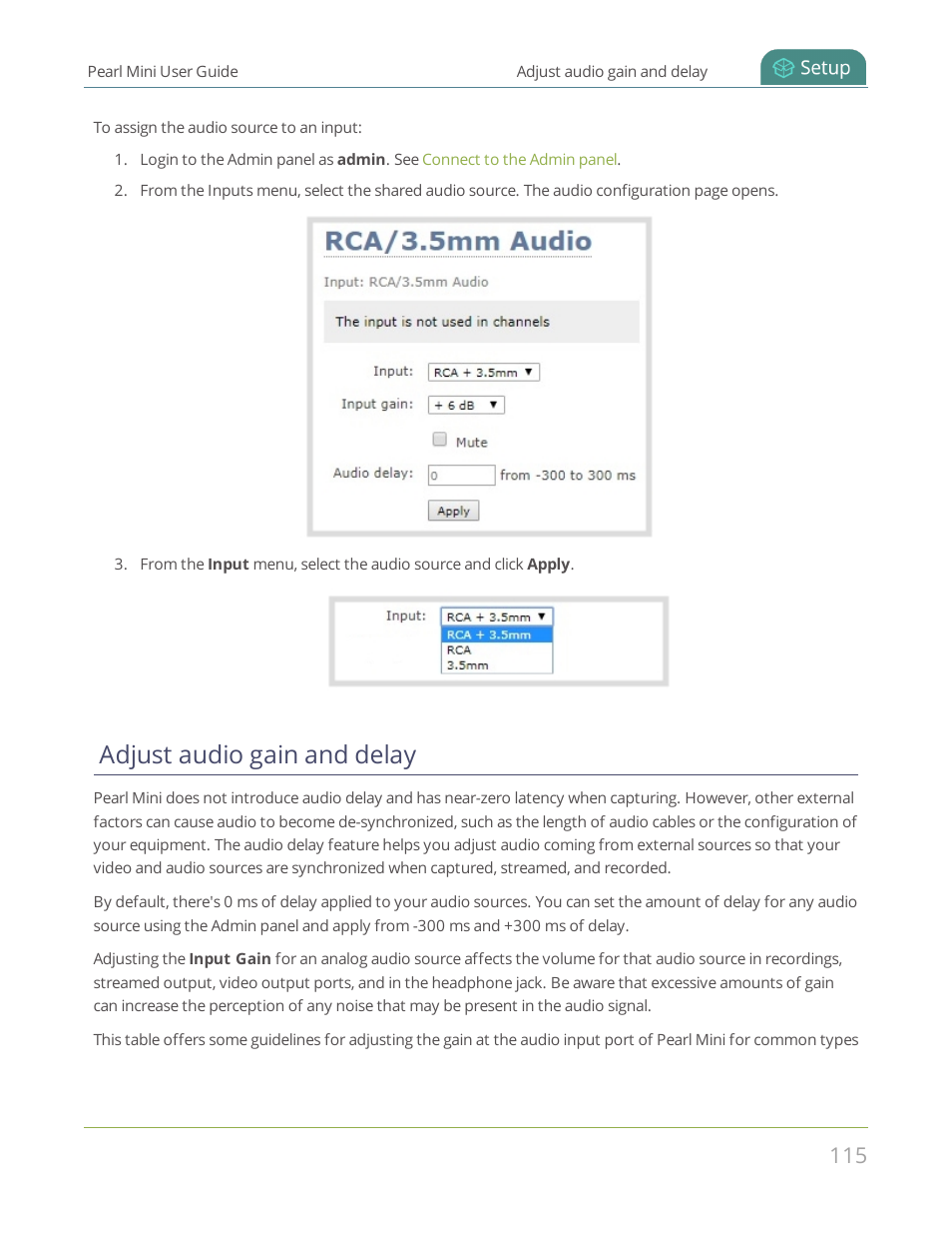 Adjust audio gain and delay, Adjust audio, Gain and delay | Epiphan Pearl Mini Live Video Production System User Manual | Page 126 / 438