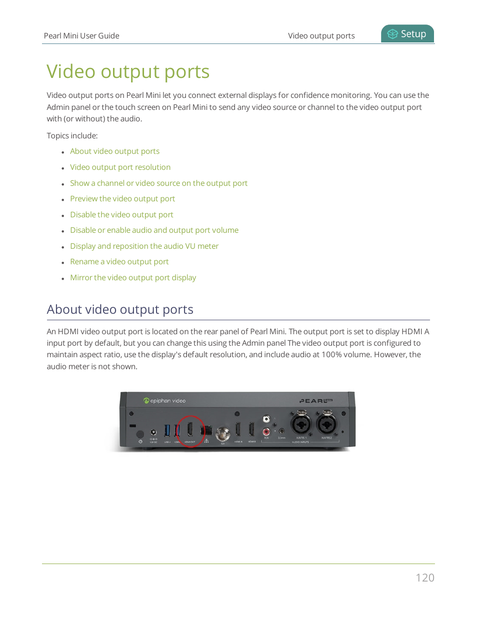 Video output ports, About video output ports | Epiphan Pearl Mini Live Video Production System User Manual | Page 131 / 438