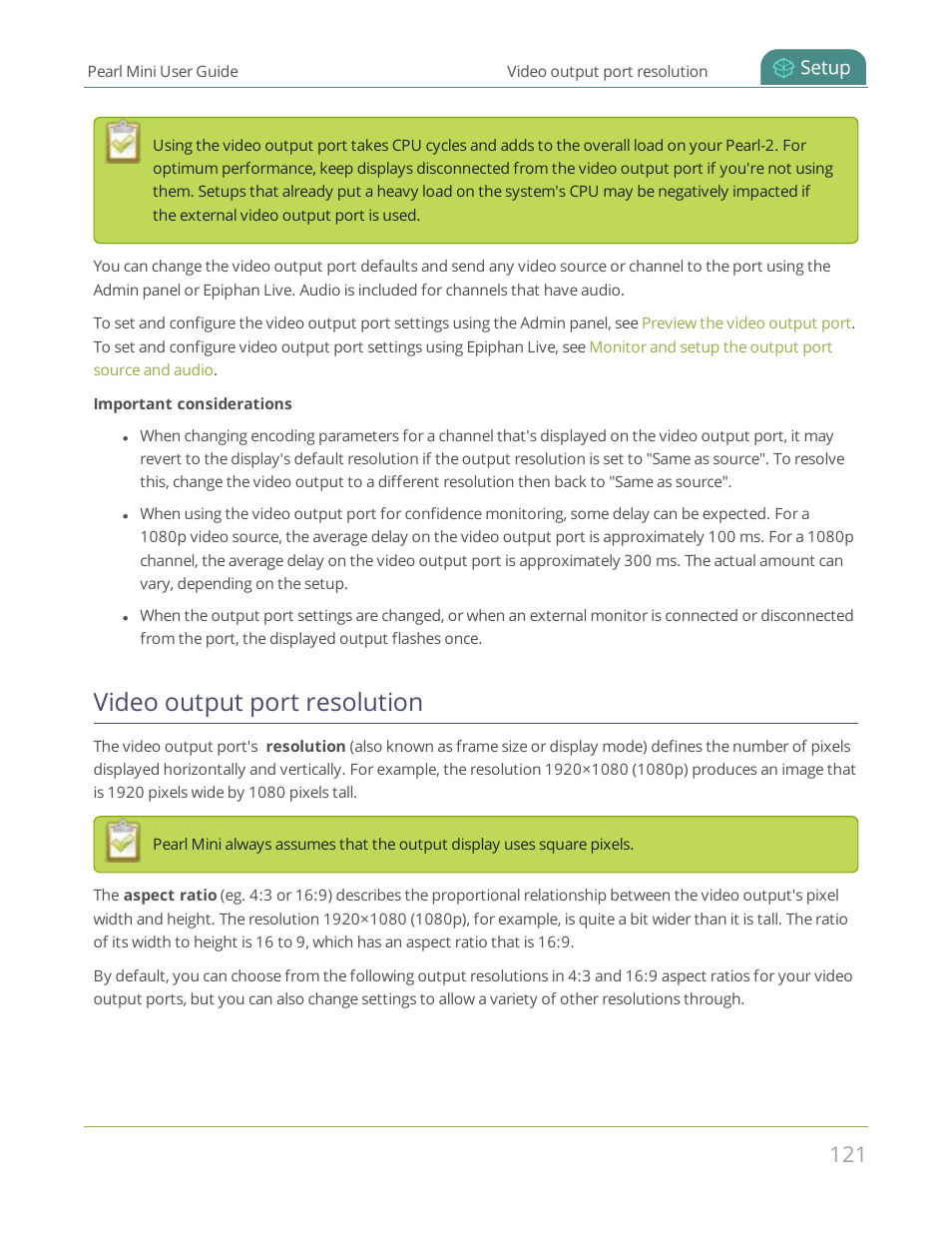 Video output port resolution | Epiphan Pearl Mini Live Video Production System User Manual | Page 132 / 438