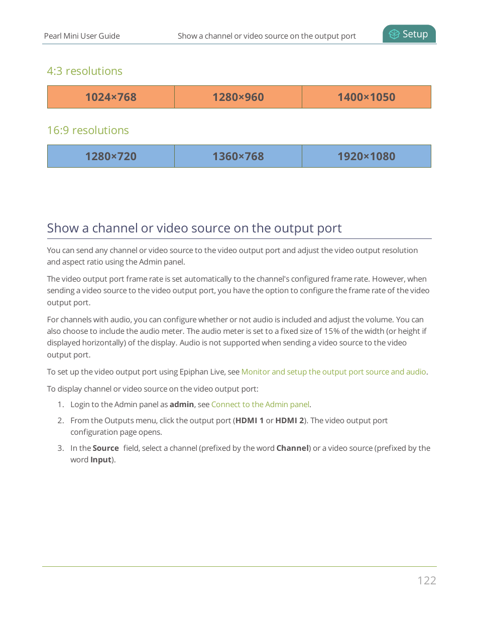 Show a channel or video source on the output port | Epiphan Pearl Mini Live Video Production System User Manual | Page 133 / 438