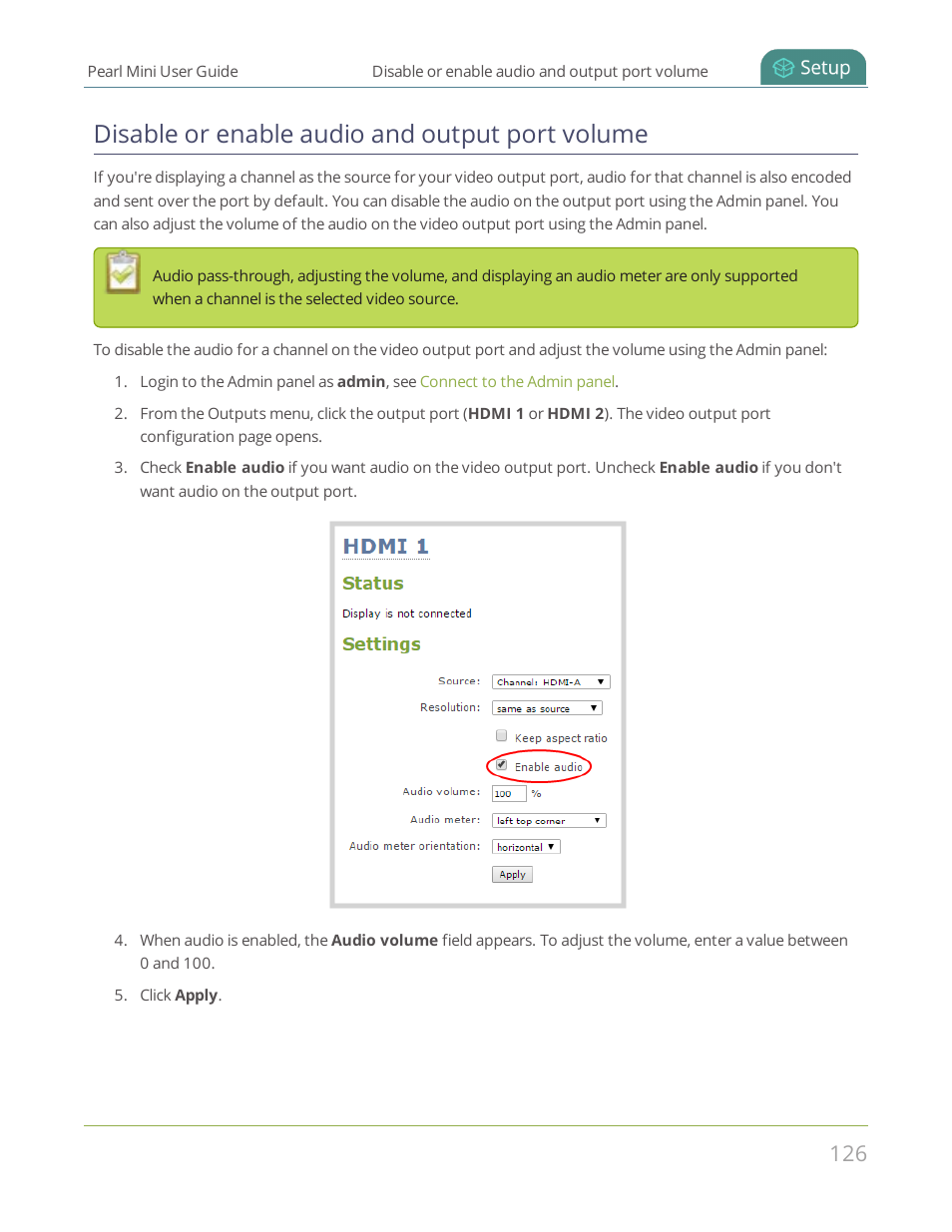 Disable or enable audio and output port volume, Disable or, Enable audio and output port volume | Disable or enable audio and output port, Volume | Epiphan Pearl Mini Live Video Production System User Manual | Page 137 / 438