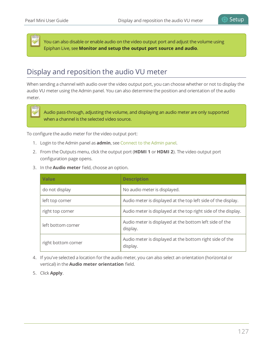 Display and reposition the audio vu meter | Epiphan Pearl Mini Live Video Production System User Manual | Page 138 / 438