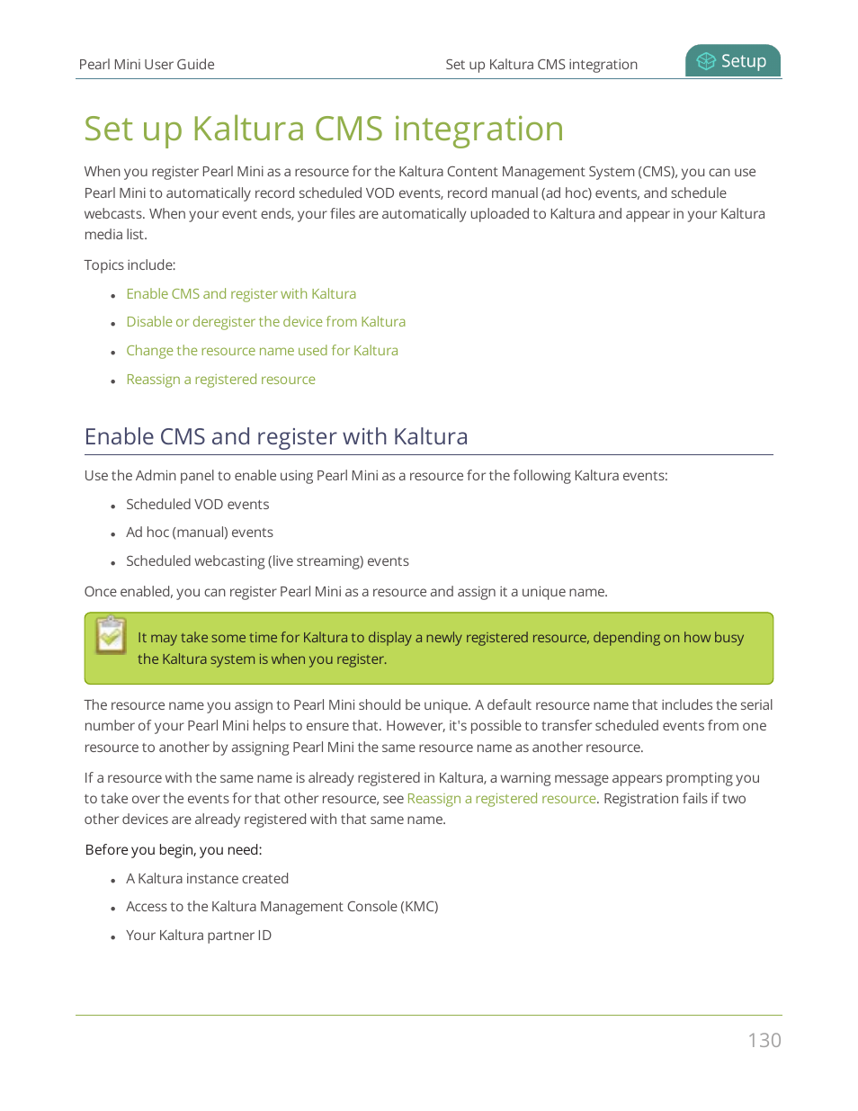 Set up kaltura cms integration, Enable cms and register with kaltura, Enable cms and | Register with kaltura | Epiphan Pearl Mini Live Video Production System User Manual | Page 141 / 438