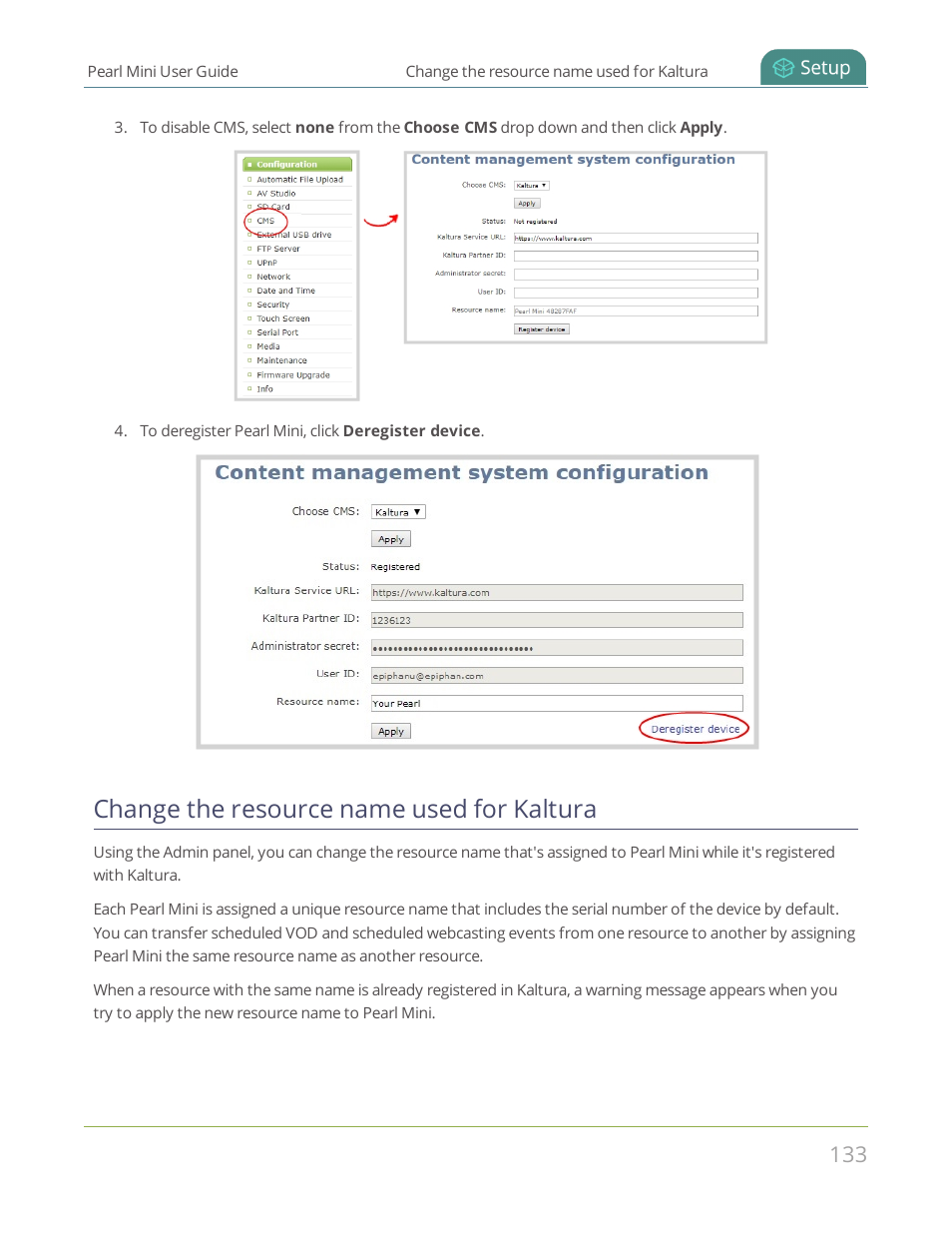 Change the resource name used for kaltura | Epiphan Pearl Mini Live Video Production System User Manual | Page 144 / 438