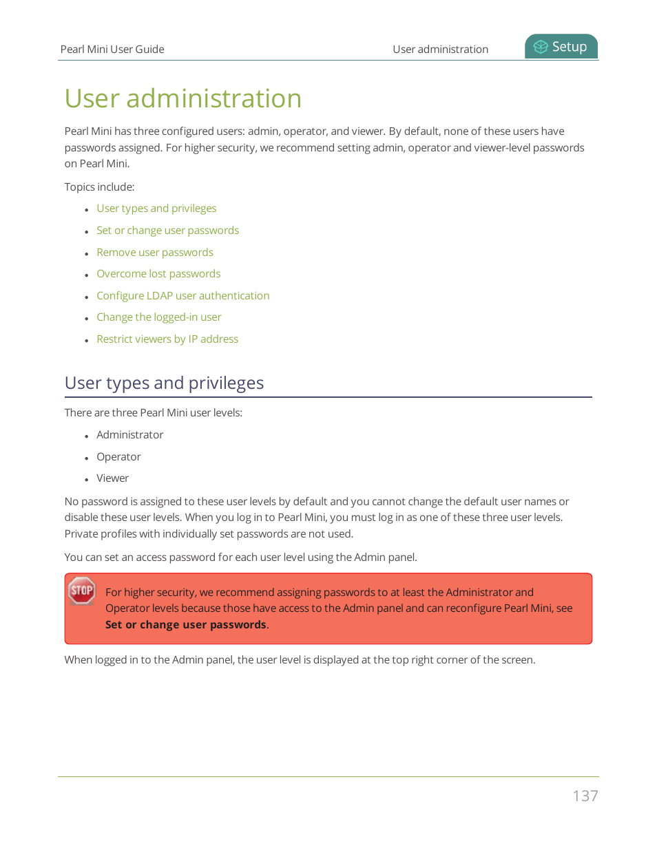 User administration, User types and privileges, User | Administration | Epiphan Pearl Mini Live Video Production System User Manual | Page 148 / 438