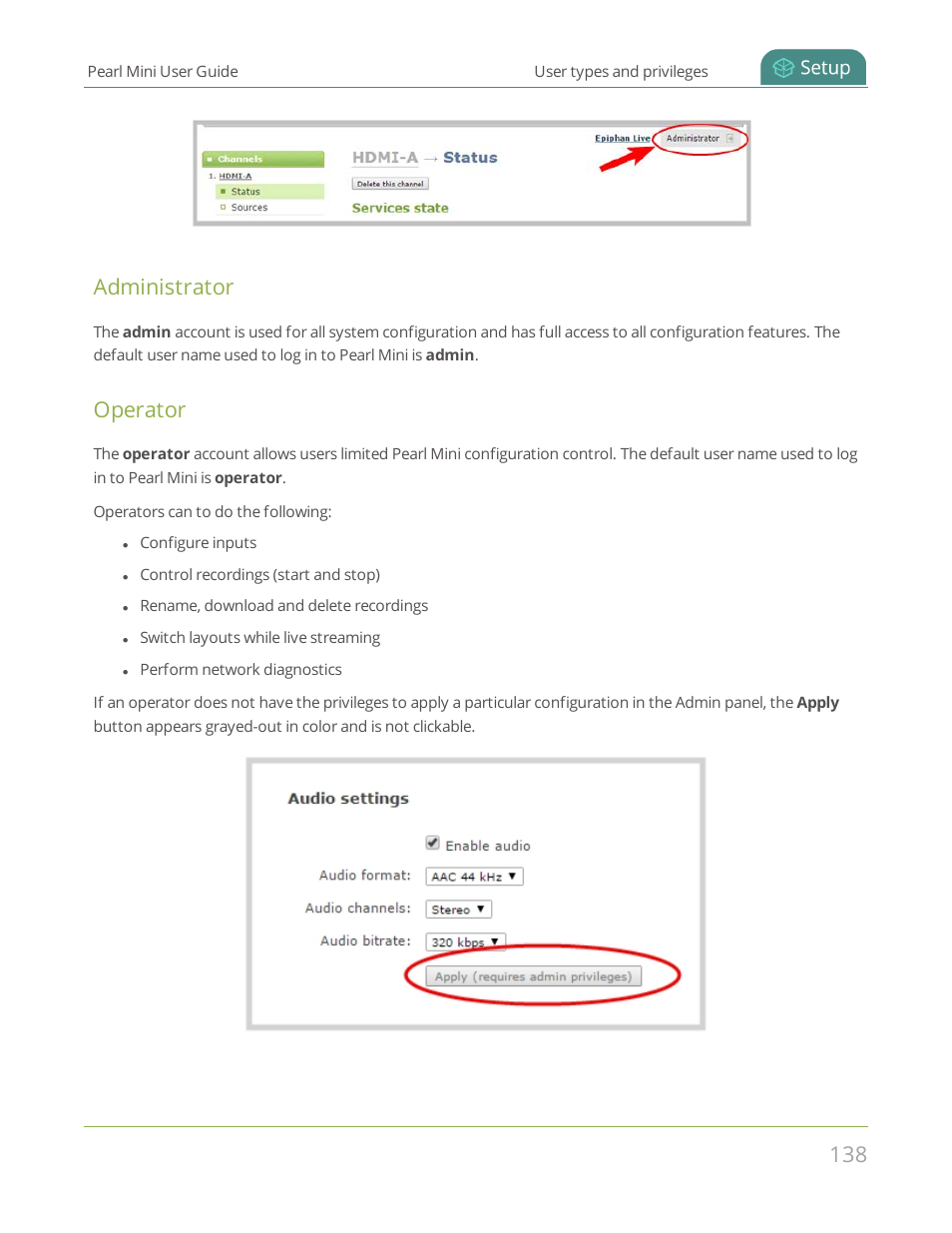 Administrator, Operator | Epiphan Pearl Mini Live Video Production System User Manual | Page 149 / 438