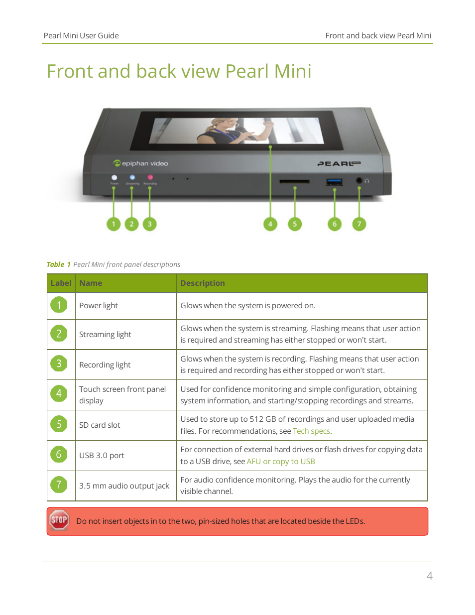 Front and back view pearl mini | Epiphan Pearl Mini Live Video Production System User Manual | Page 15 / 438