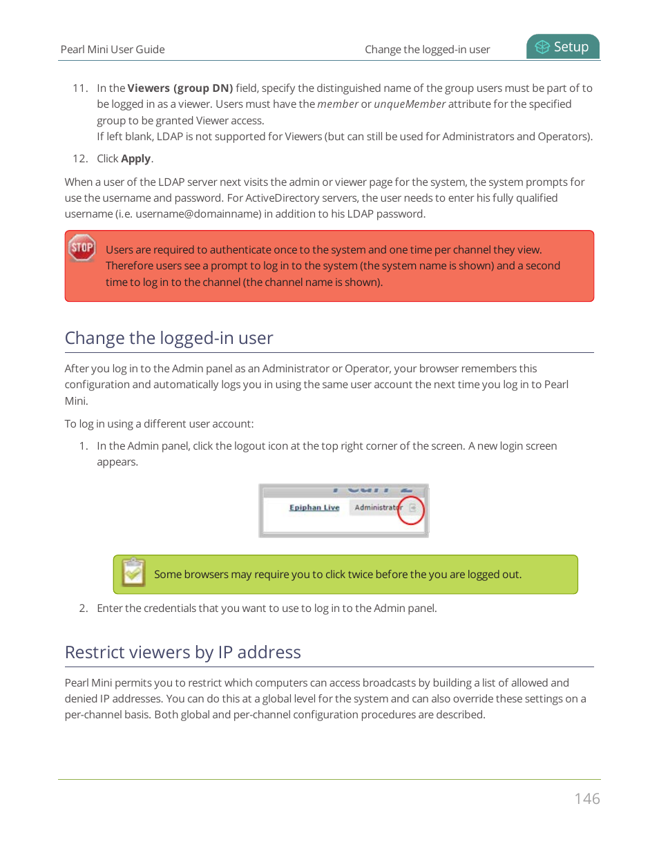 Change the logged-in user, Restrict viewers by ip address | Epiphan Pearl Mini Live Video Production System User Manual | Page 157 / 438