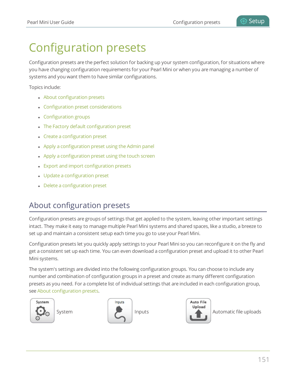 Configuration presets, About configuration presets | Epiphan Pearl Mini Live Video Production System User Manual | Page 162 / 438
