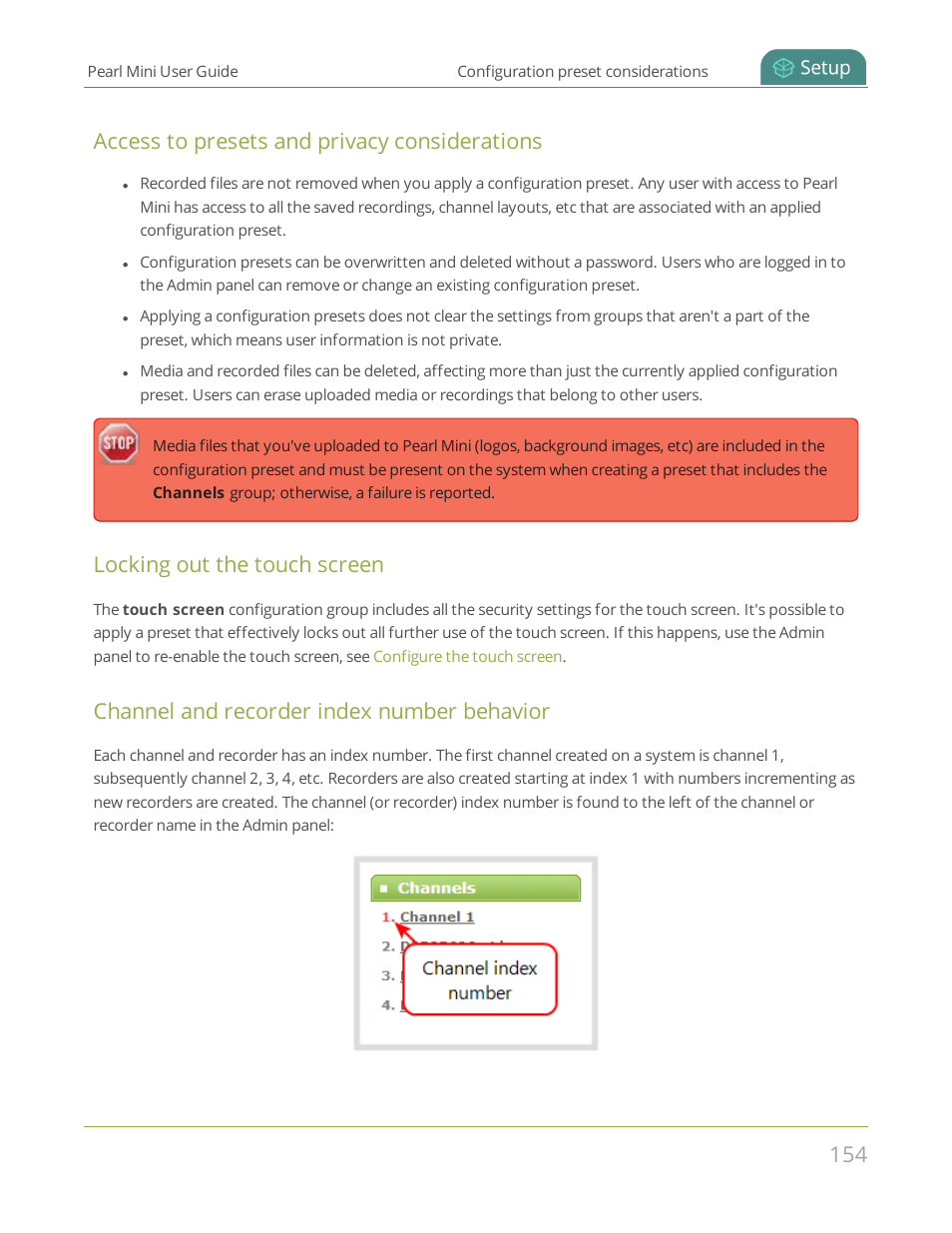 Access to presets and privacy considerations, Locking out the touch screen, Channel and recorder index number behavior | Epiphan Pearl Mini Live Video Production System User Manual | Page 165 / 438