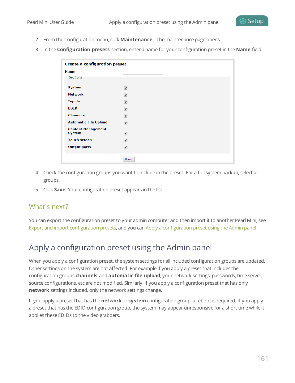 Apply a configuration preset using the admin panel, Apply a configuration preset using the, Admin panel | What's next | Epiphan Pearl Mini Live Video Production System User Manual | Page 172 / 438