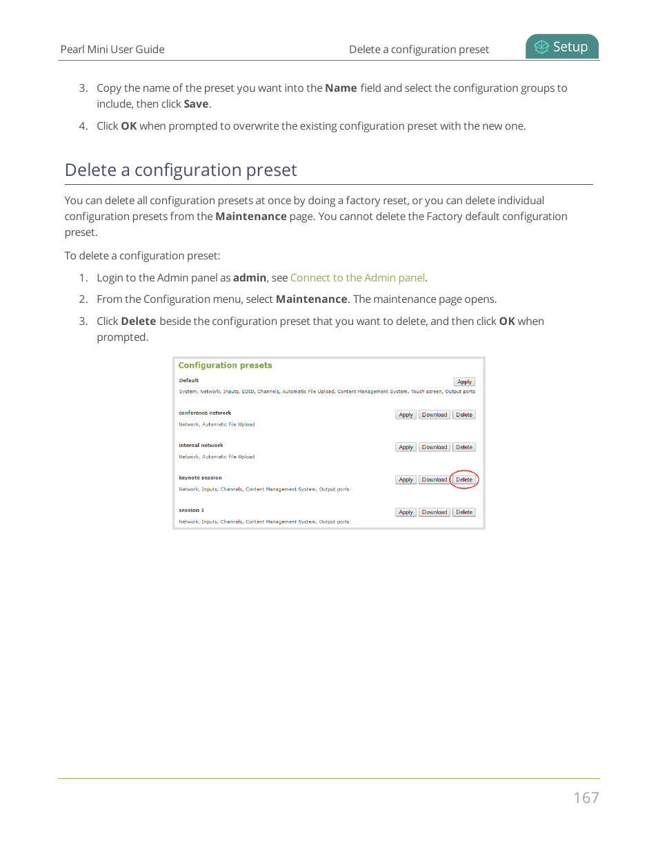 Delete a configuration preset | Epiphan Pearl Mini Live Video Production System User Manual | Page 178 / 438