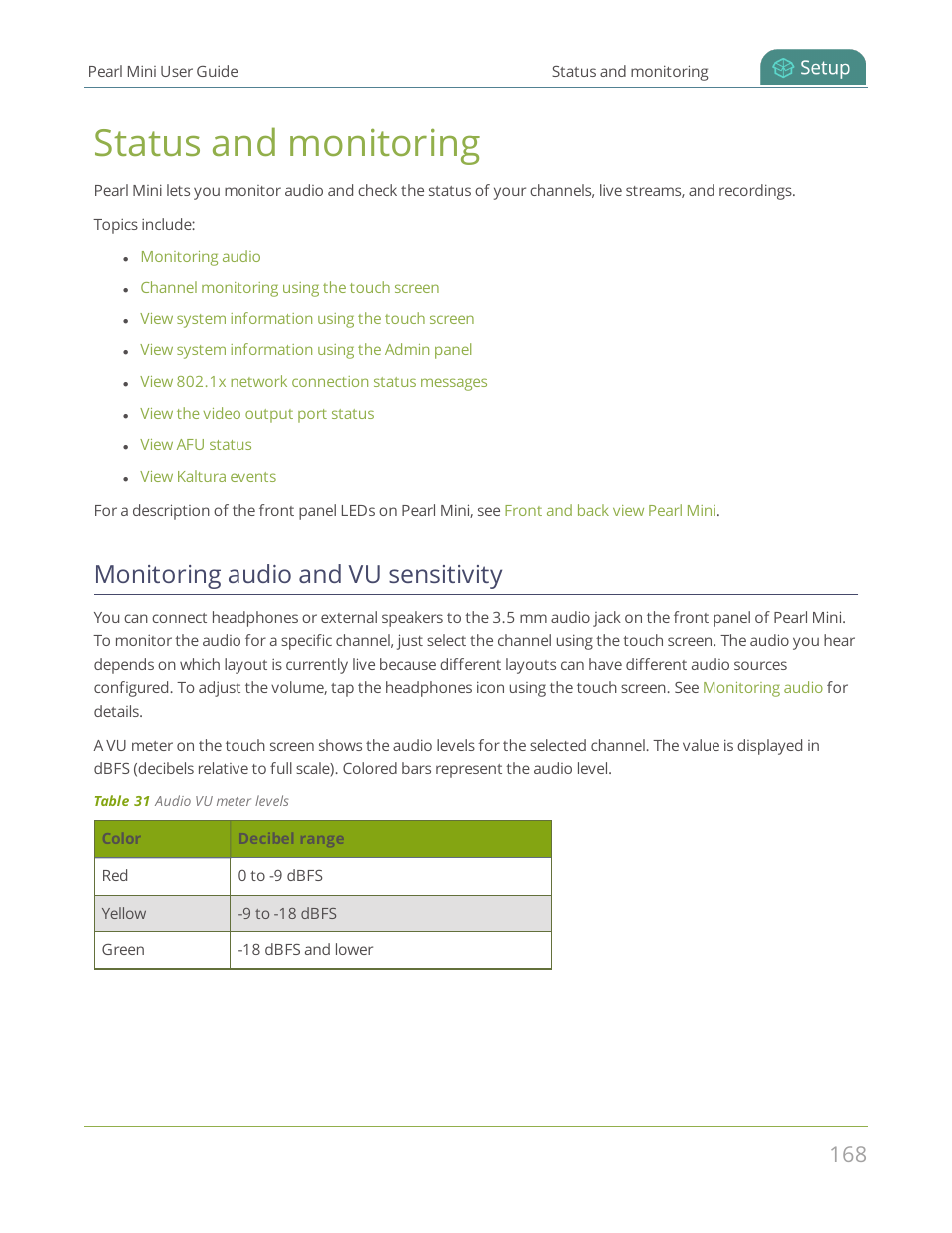 Status and monitoring, Monitoring audio and vu sensitivity | Epiphan Pearl Mini Live Video Production System User Manual | Page 179 / 438