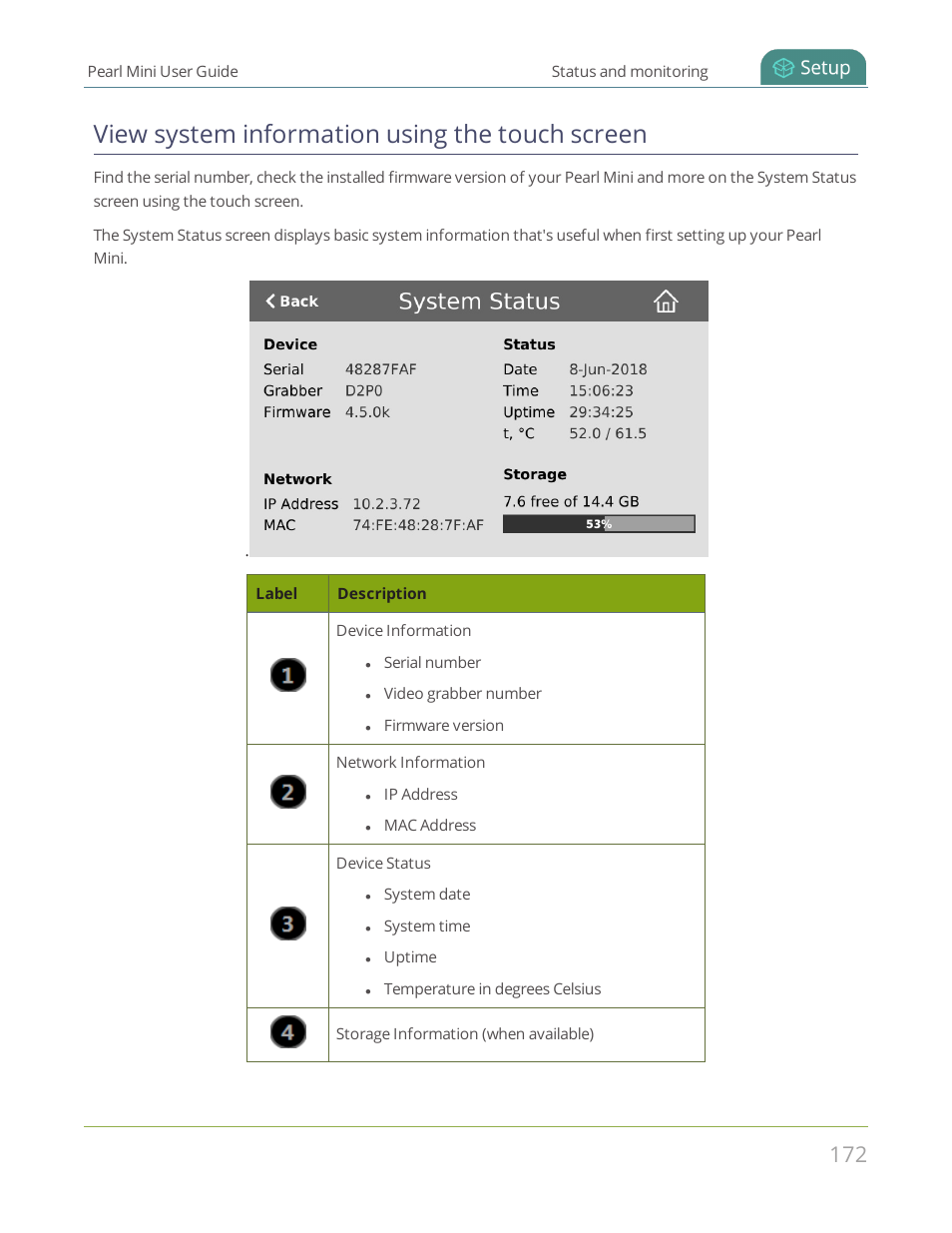 View system information using the touch screen, View system information using the, Touch screen | Epiphan Pearl Mini Live Video Production System User Manual | Page 183 / 438