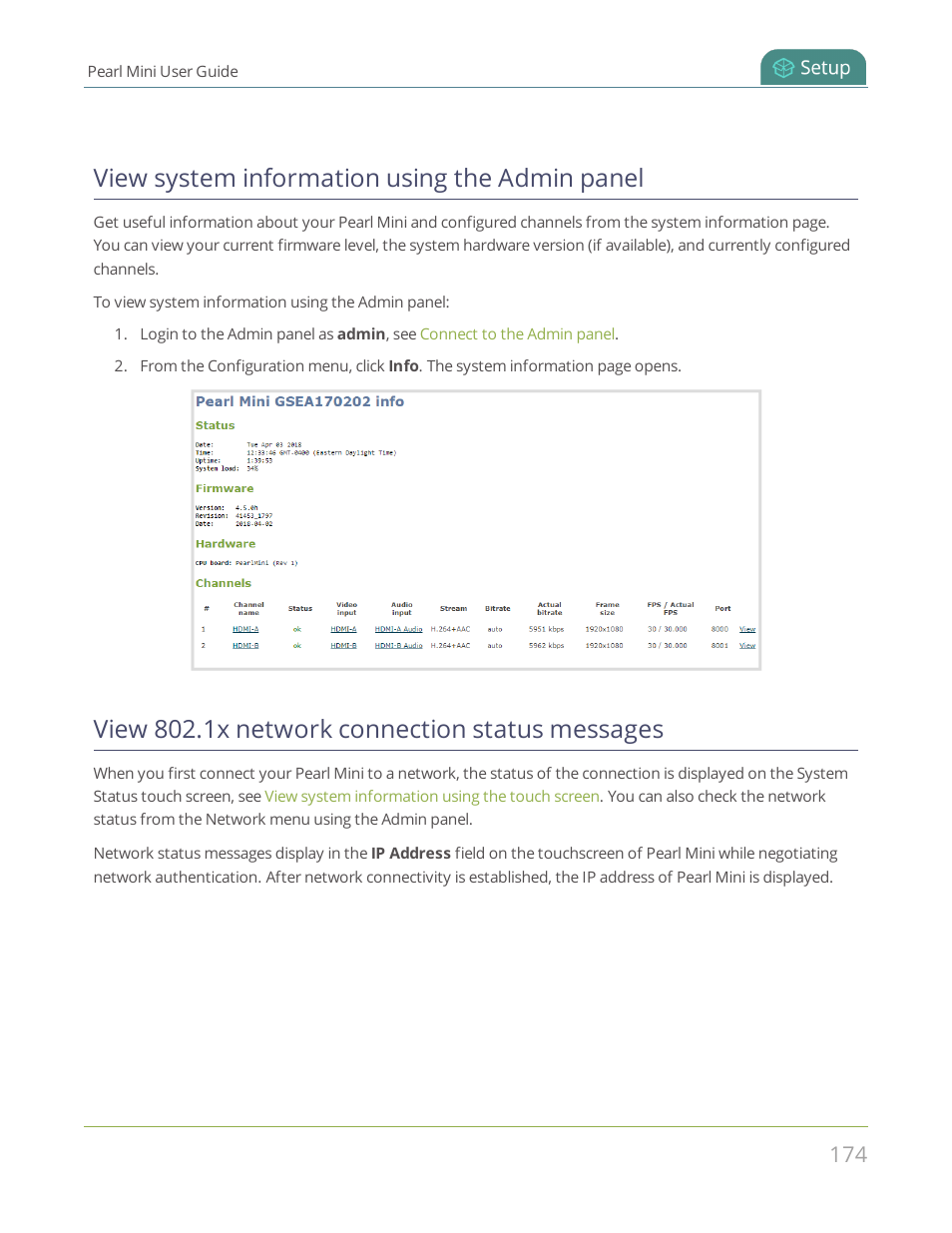 View system information using the admin panel, View 802.1x network connection status messages | Epiphan Pearl Mini Live Video Production System User Manual | Page 185 / 438