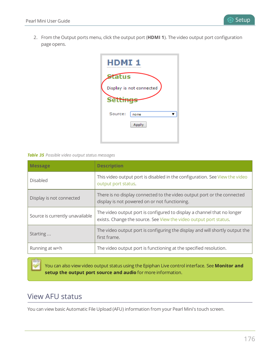 View afu status | Epiphan Pearl Mini Live Video Production System User Manual | Page 187 / 438
