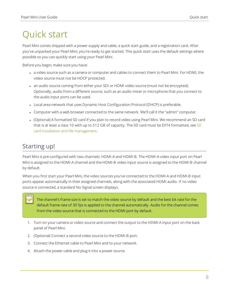 Quick start, Starting up | Epiphan Pearl Mini Live Video Production System User Manual | Page 19 / 438