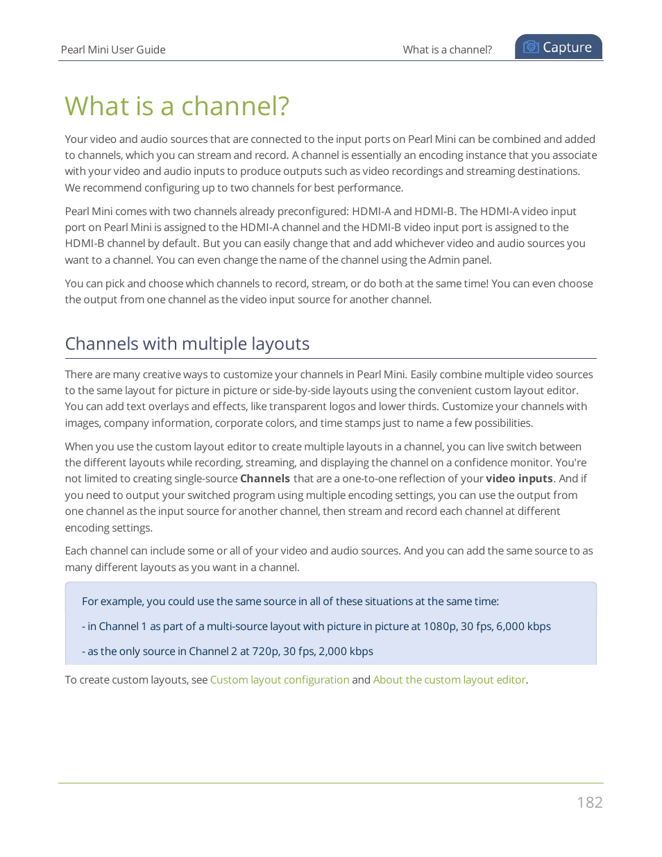 What is a channel, Channels with multiple layouts | Epiphan Pearl Mini Live Video Production System User Manual | Page 193 / 438