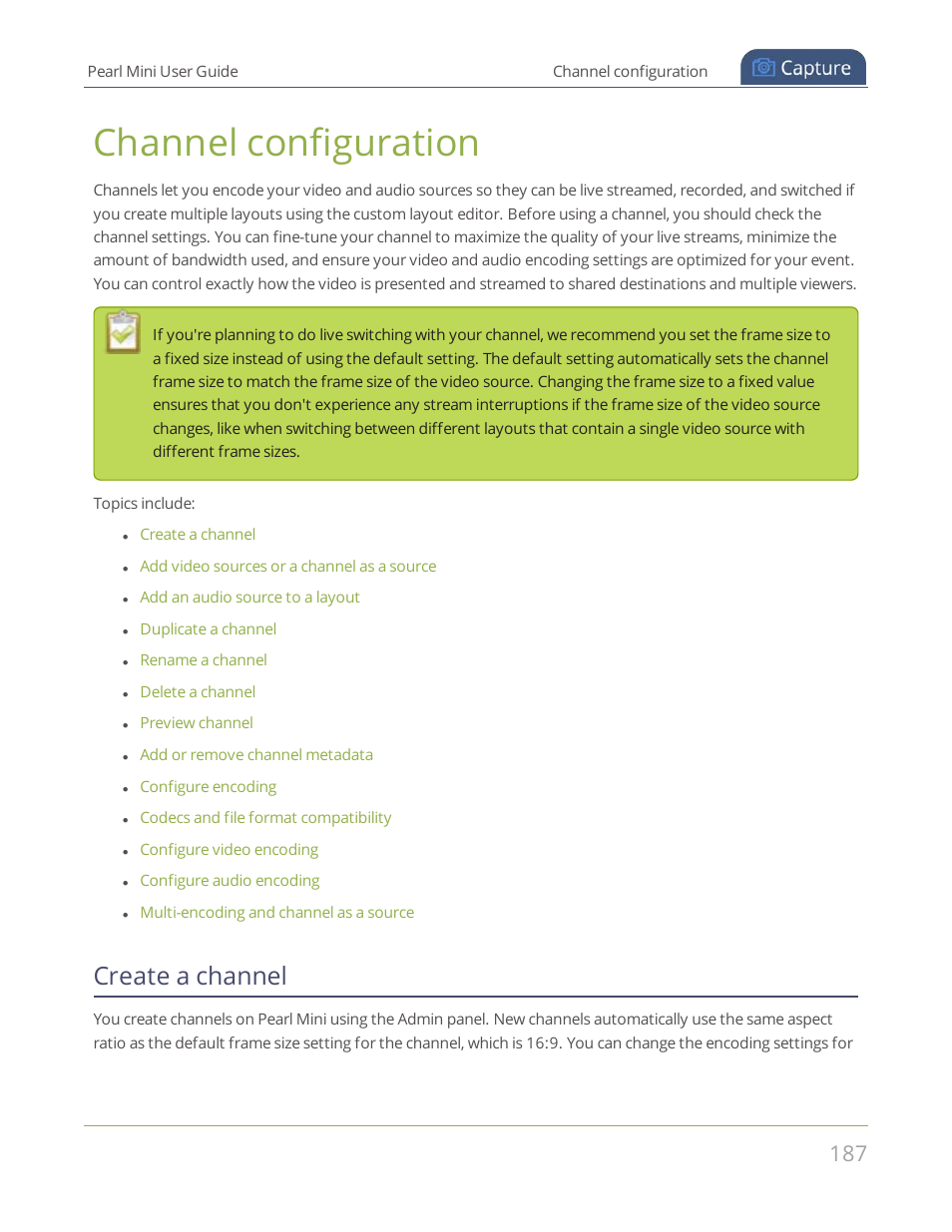 Channel configuration, Create a channel | Epiphan Pearl Mini Live Video Production System User Manual | Page 198 / 438