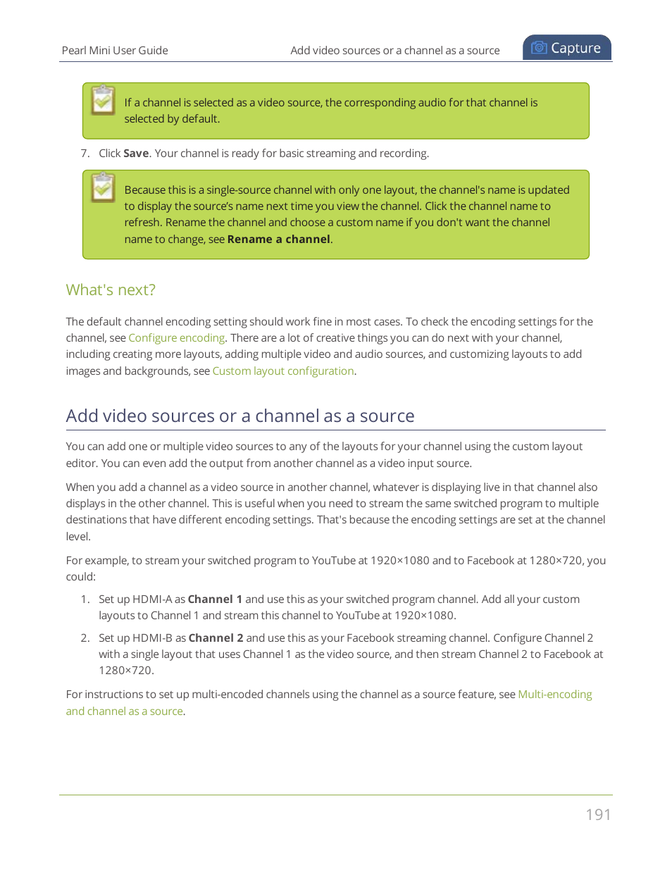 Add video sources or a channel as a source, Add video sources or a, Channel as a source | What's next | Epiphan Pearl Mini Live Video Production System User Manual | Page 202 / 438