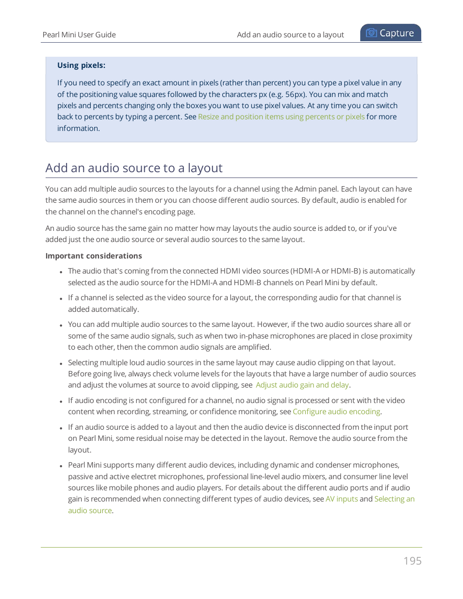 Add an audio source to a layout | Epiphan Pearl Mini Live Video Production System User Manual | Page 206 / 438