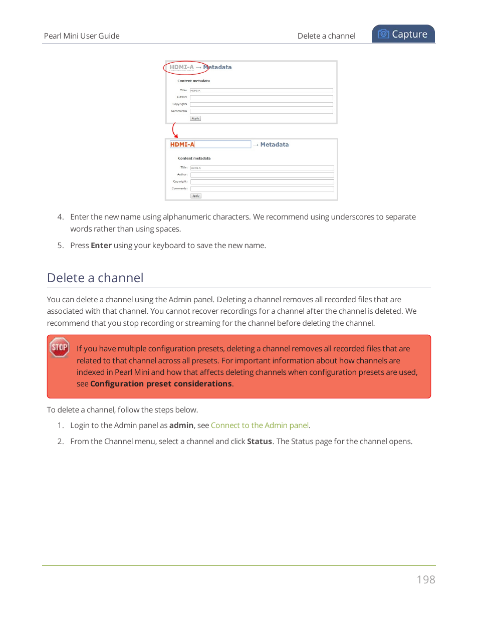 Delete a channel | Epiphan Pearl Mini Live Video Production System User Manual | Page 209 / 438