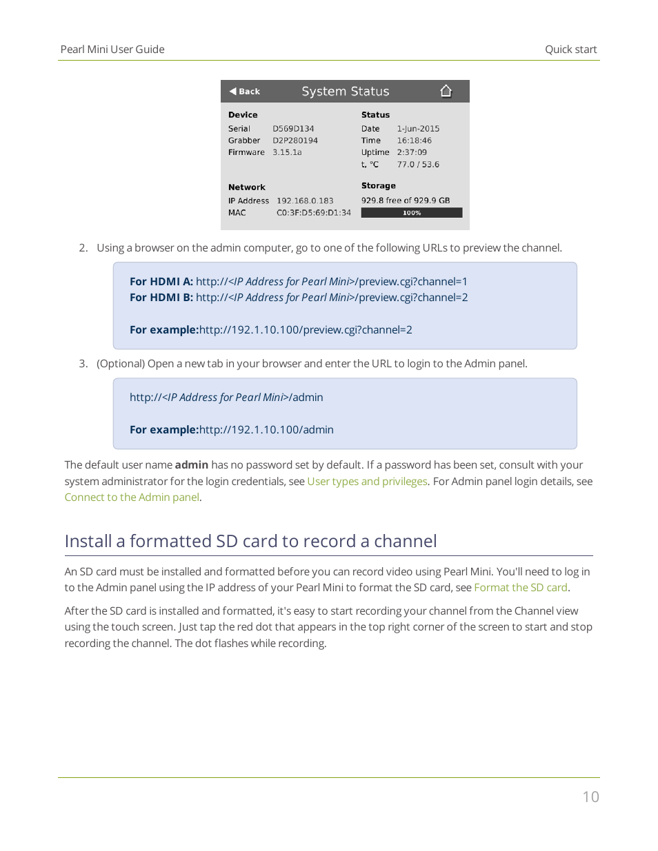 Install a formatted sd card to record a channel | Epiphan Pearl Mini Live Video Production System User Manual | Page 21 / 438