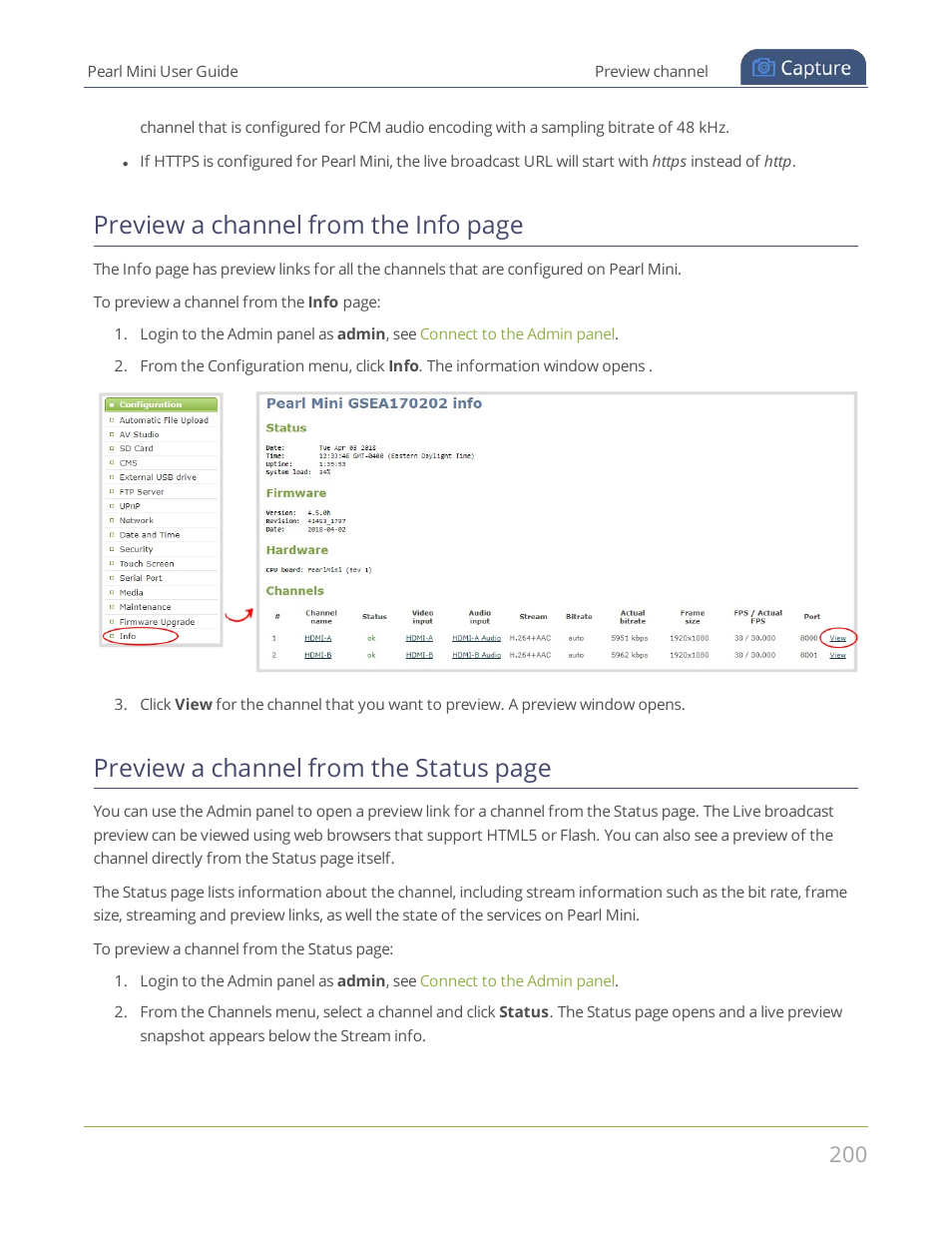 Preview a channel from the info page, Preview a channel from the status page | Epiphan Pearl Mini Live Video Production System User Manual | Page 211 / 438