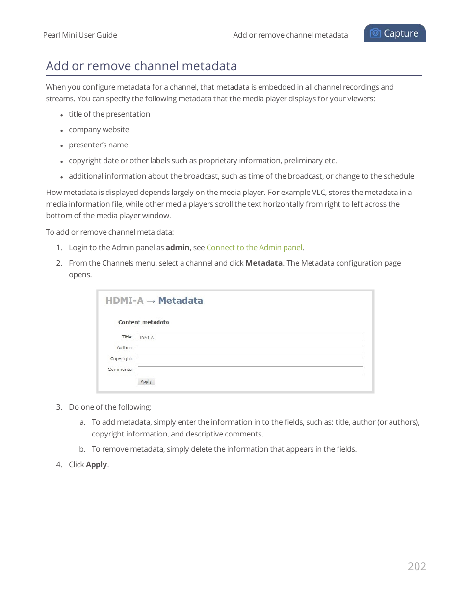 Add or remove channel metadata | Epiphan Pearl Mini Live Video Production System User Manual | Page 213 / 438