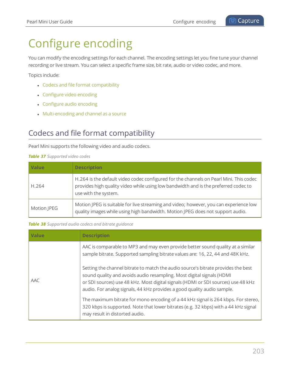 Configure encoding, Codecs and file format compatibility, Configure | Encoding | Epiphan Pearl Mini Live Video Production System User Manual | Page 214 / 438