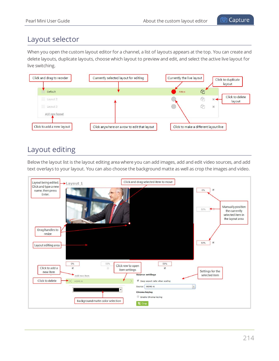 Layout selector, Layout editing | Epiphan Pearl Mini Live Video Production System User Manual | Page 225 / 438