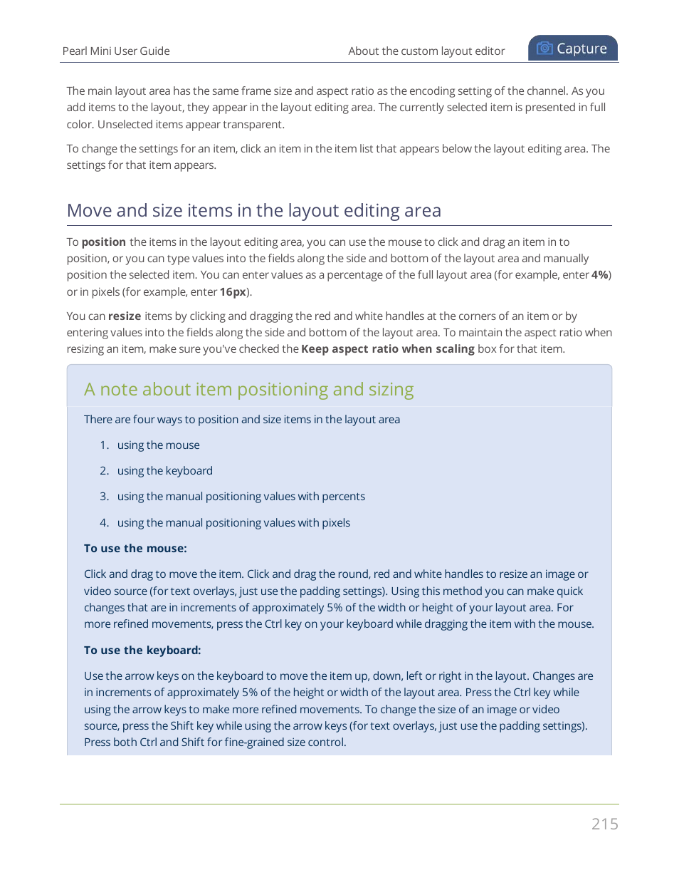 Move and size items in the layout editing area | Epiphan Pearl Mini Live Video Production System User Manual | Page 226 / 438