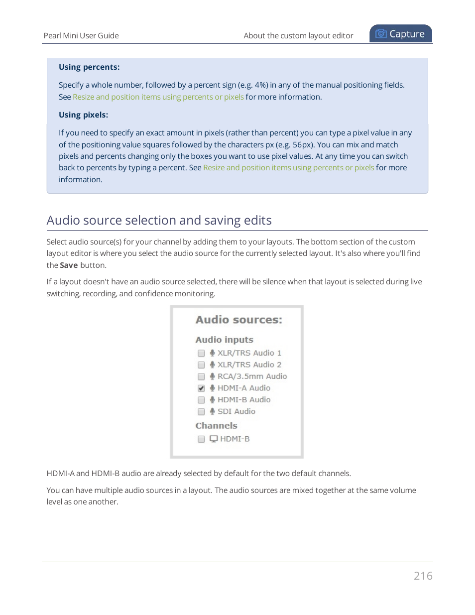 Audio source selection and saving edits | Epiphan Pearl Mini Live Video Production System User Manual | Page 227 / 438