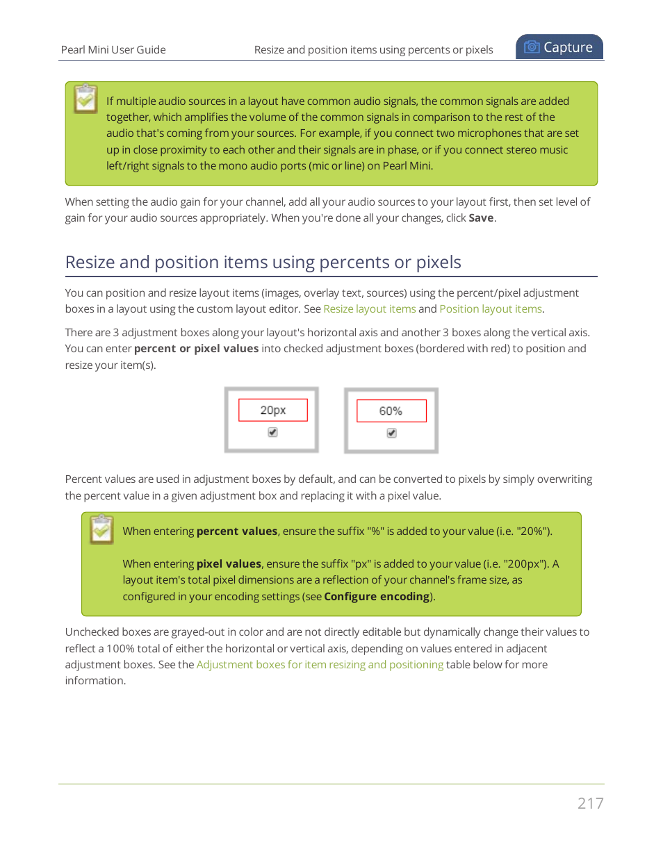 Resize and position items using percents or pixels | Epiphan Pearl Mini Live Video Production System User Manual | Page 228 / 438