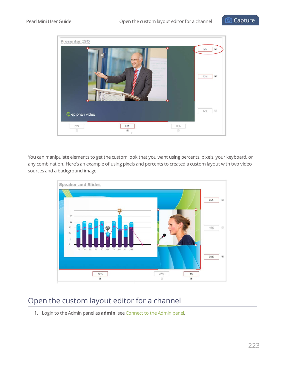 Open the custom layout editor for a channel | Epiphan Pearl Mini Live Video Production System User Manual | Page 234 / 438