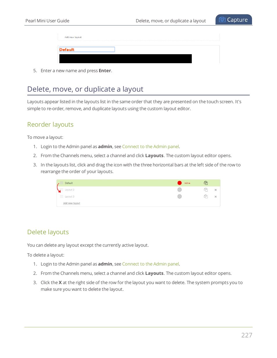 Delete, move, or duplicate a layout, Reorder layouts, Delete layouts | Epiphan Pearl Mini Live Video Production System User Manual | Page 238 / 438