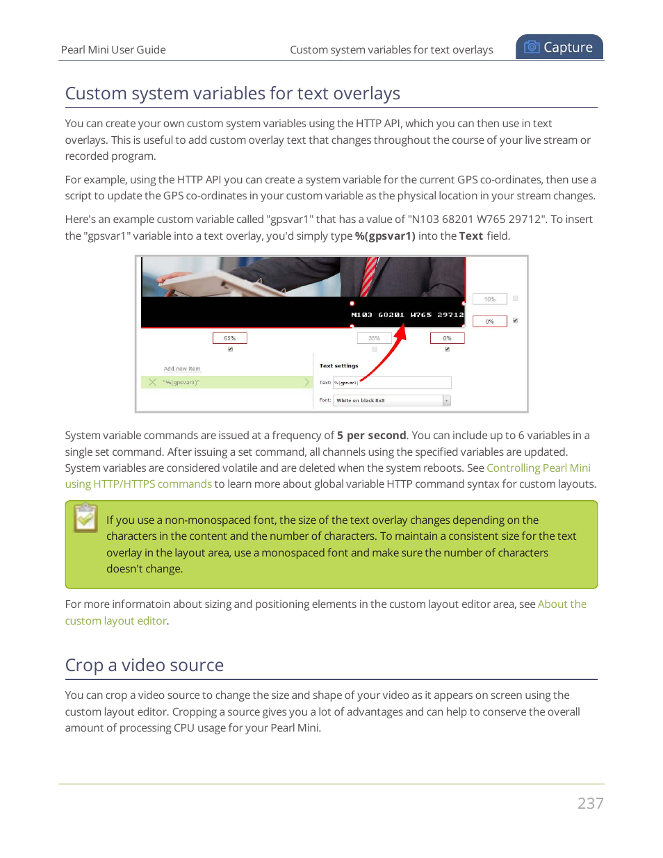 Custom system variables for text overlays, Crop a video source, Crop a video | Source | Epiphan Pearl Mini Live Video Production System User Manual | Page 248 / 438