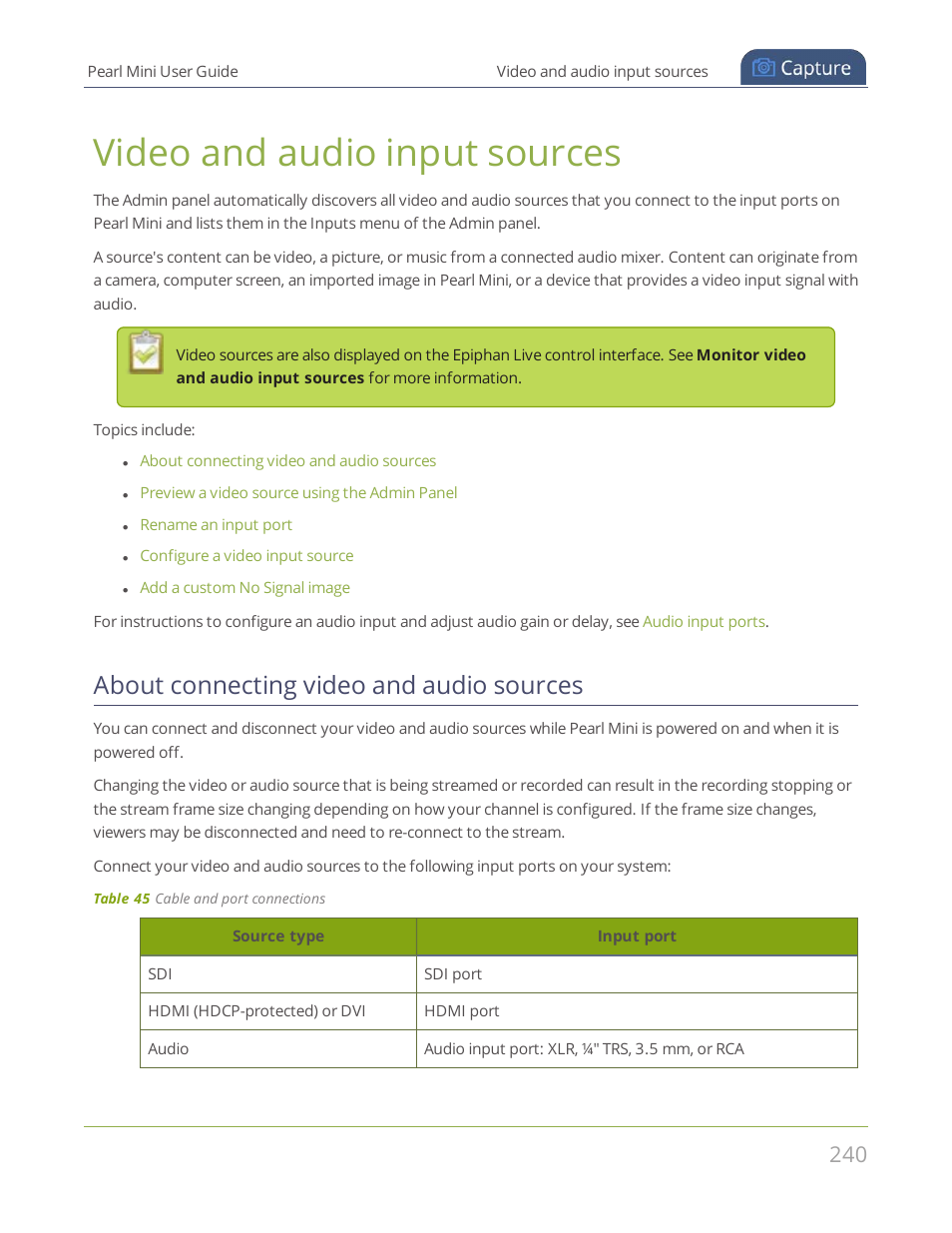 Video and audio input sources, About connecting video and audio sources | Epiphan Pearl Mini Live Video Production System User Manual | Page 251 / 438
