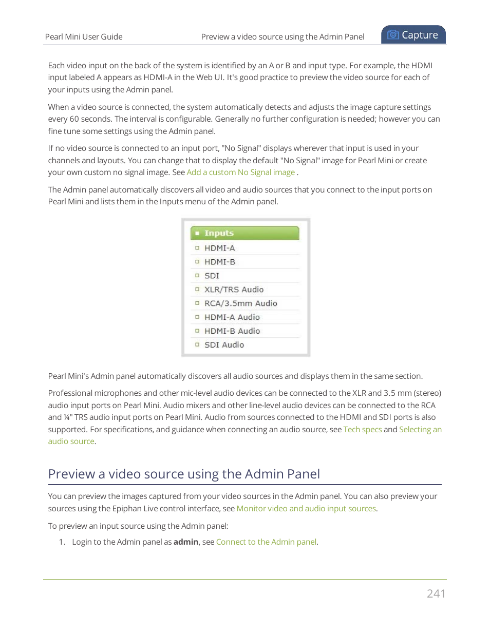 Preview a video source using the admin panel | Epiphan Pearl Mini Live Video Production System User Manual | Page 252 / 438