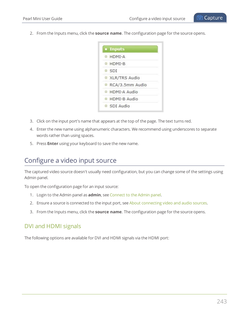 Configure a video input source, Dvi and hdmi signals | Epiphan Pearl Mini Live Video Production System User Manual | Page 254 / 438