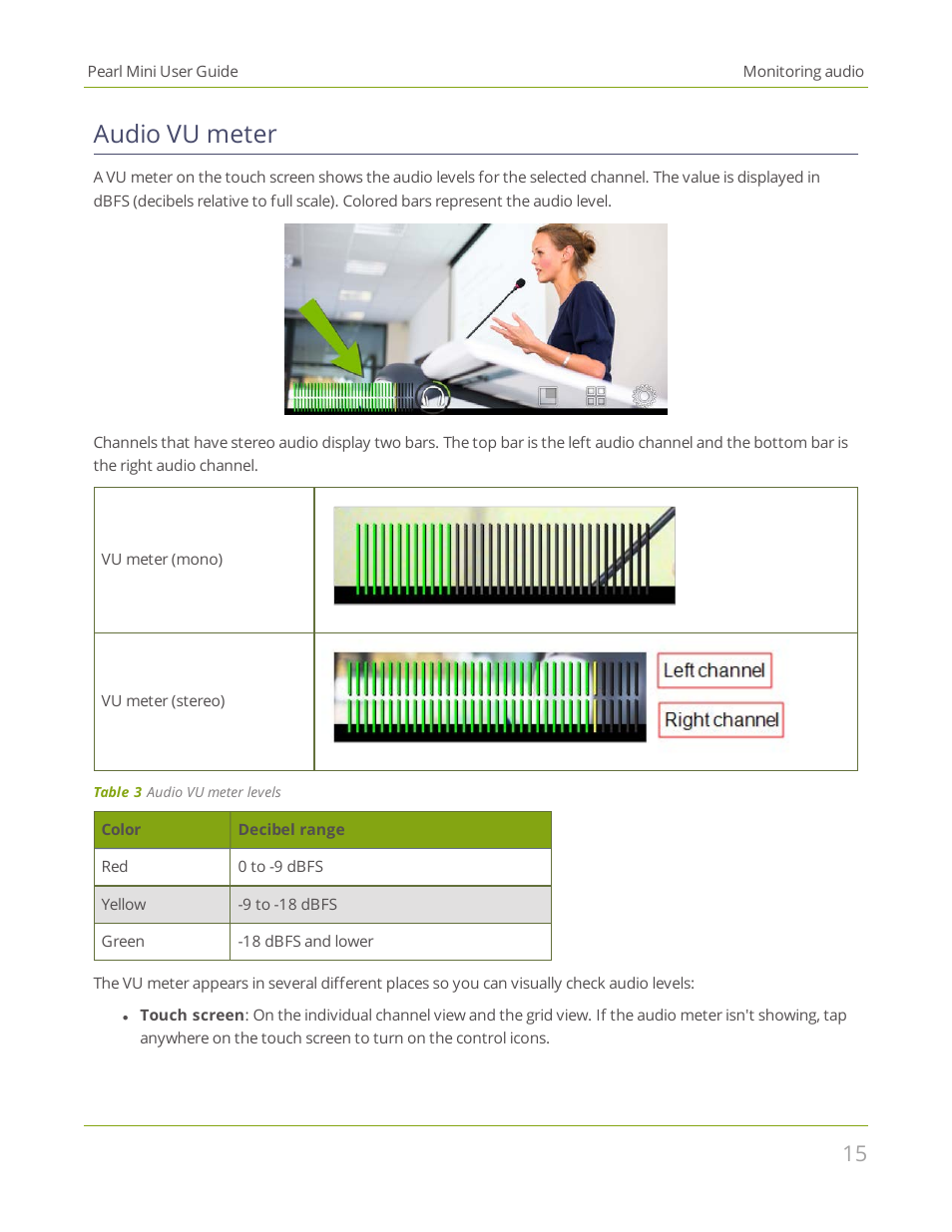 Audio vu meter | Epiphan Pearl Mini Live Video Production System User Manual | Page 26 / 438