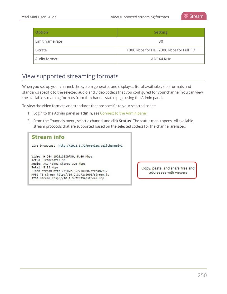 View supported streaming formats | Epiphan Pearl Mini Live Video Production System User Manual | Page 261 / 438