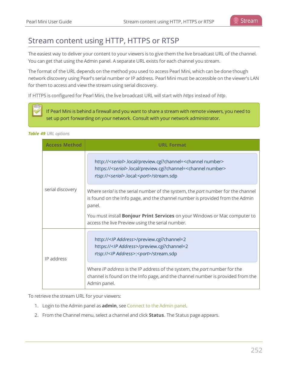 Stream content using http, https or rtsp, Stream, Content using http, https or rtsp | Epiphan Pearl Mini Live Video Production System User Manual | Page 263 / 438