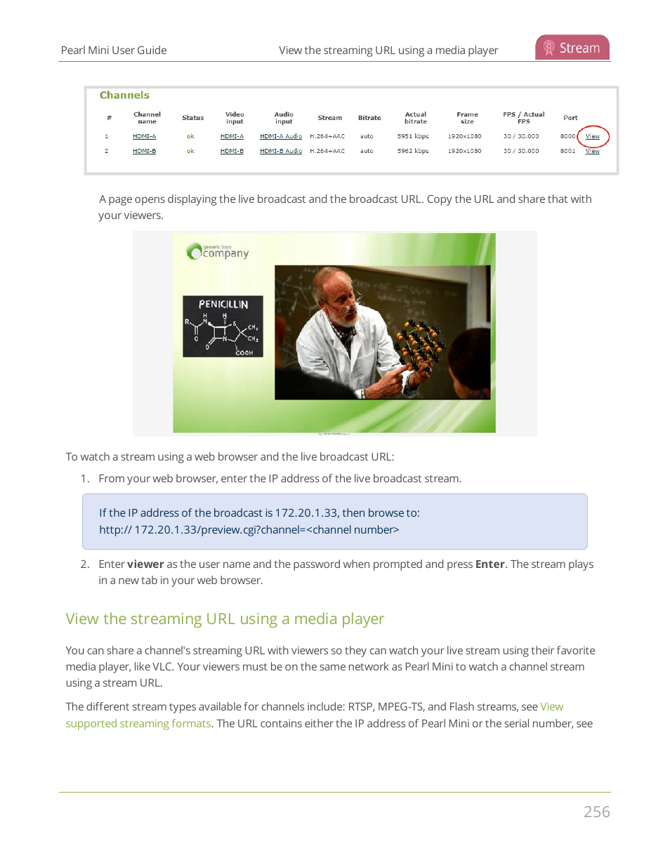 View the streaming url using a media player | Epiphan Pearl Mini Live Video Production System User Manual | Page 267 / 438