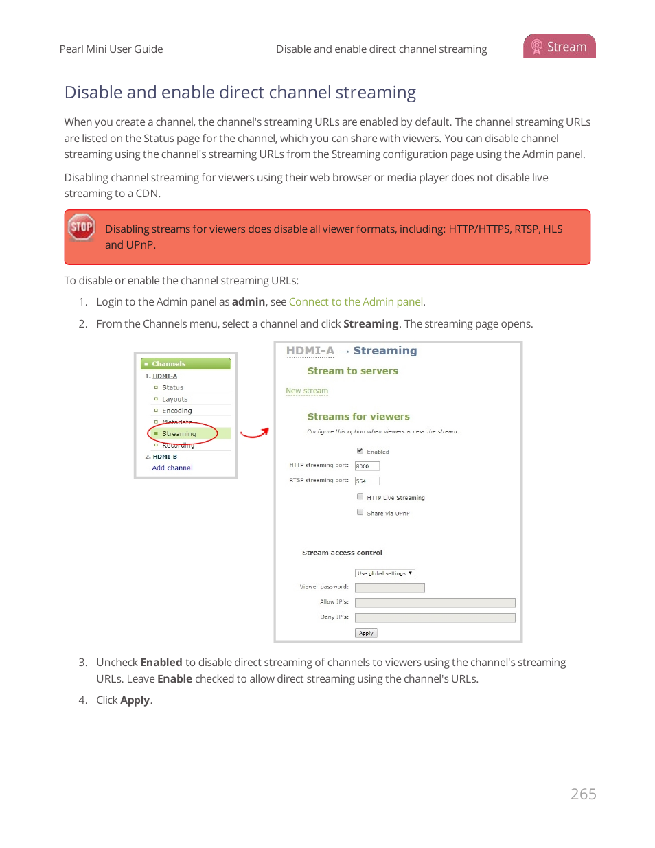 Disable and enable direct channel streaming | Epiphan Pearl Mini Live Video Production System User Manual | Page 276 / 438