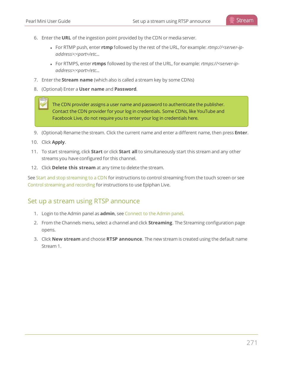 Set up a stream using rtsp announce | Epiphan Pearl Mini Live Video Production System User Manual | Page 282 / 438